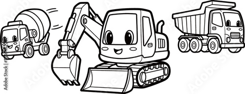 Line art illustration of three cute cartoon construction vehicles: a cement mixer, an excavator, and a dump truck, perfect for a children's coloring book.