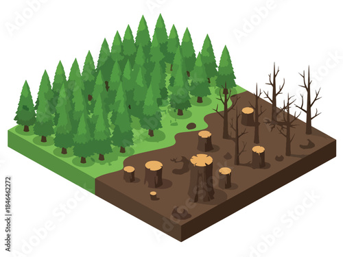 Isometric vector 3D view of a split environmental scene contrasting deforestation and forest conservation, highlighting the impact of human activity on nature