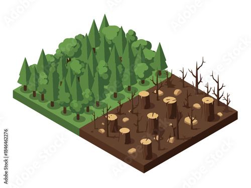 Isometric vector 3D view of a split environmental scene contrasting deforestation and forest conservation, highlighting the impact of human activity on nature