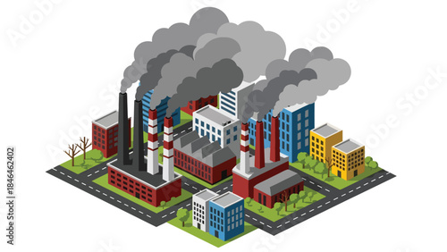 Isometric vector 3D view of an urban area affected by air pollution, with factories, heavy traffic, and masked pedestrians illustrating environmental health risks