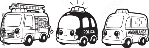 Three cute cartoon emergency vehicles, including a fire truck, police car, and ambulance, in a black and white outline style for coloring.