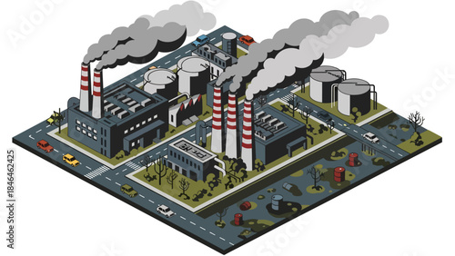 Isometric vector 3D view of an urban area affected by air pollution, with factories, heavy traffic, and masked pedestrians illustrating environmental health risks