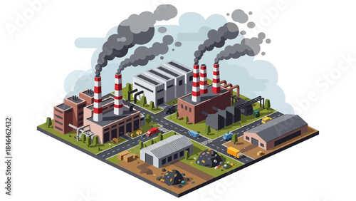 Isometric vector 3D view of an urban area affected by air pollution, with factories, heavy traffic, and masked pedestrians illustrating environmental health risks