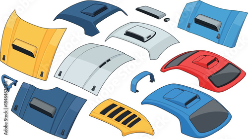 A collection of various car hoods and hood scoops in different colors and designs.