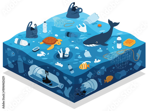 Isometric vector 3D view of ocean pollution caused by plastic waste, showing marine life affected by environmental contamination