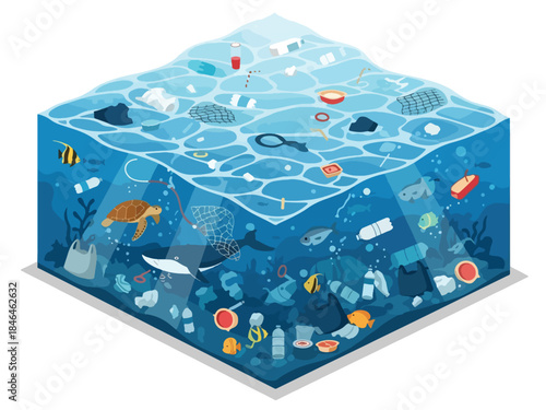 Isometric vector 3D view of ocean pollution caused by plastic waste, showing marine life affected by environmental contamination