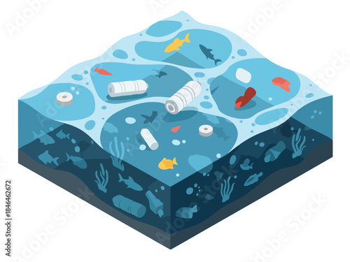 Isometric vector 3D view of ocean pollution caused by plastic waste, showing marine life affected by environmental contamination