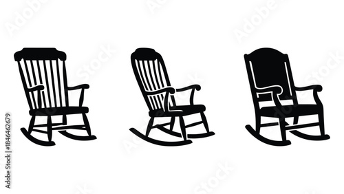 Three black rocking chairs in different positions and styles
