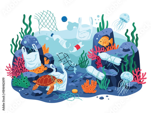 Isometric vector 3D view of ocean pollution caused by plastic waste, showing marine life affected by environmental contamination
