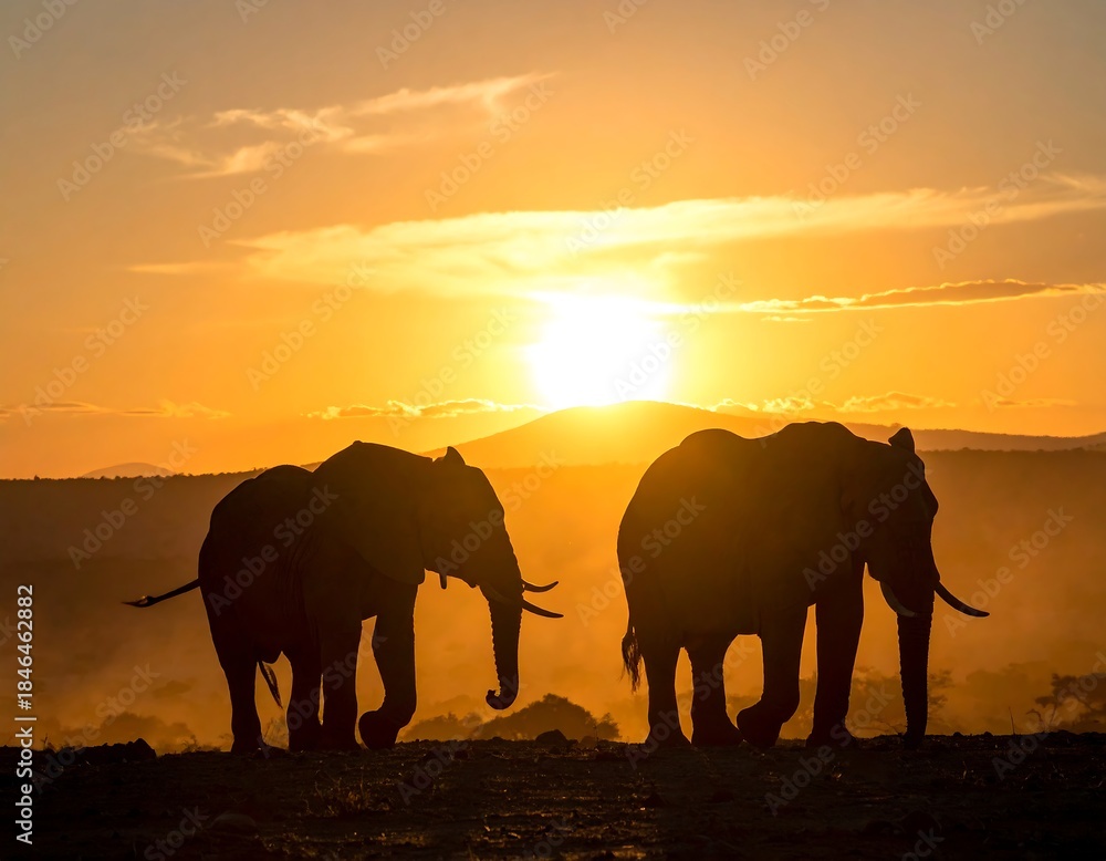 Fototapeta premium Silhouetted elephants walk across an orange landscape during sunset