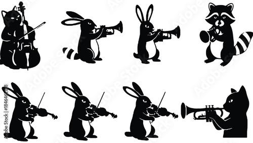 Rabbits and raccoons play musical instruments in black silhouettes