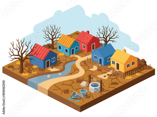 Isometric vector 3D view of a rural village experiencing water scarcity, with dry land and residents collecting limited clean water resources