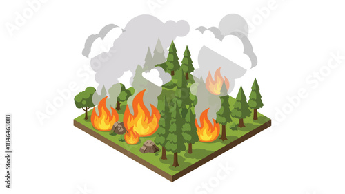 Isometric vector 3D view of a forest wildfire disaster with burning trees, smoke, and firefighters responding to a climate-related emergency