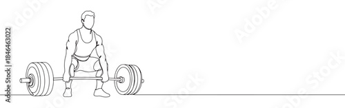 Continuous one line drawing of a weightlifter. Vector illustration of a man lifting a barbell isolated on white background. Minimalist gym workout concept