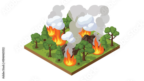 Isometric vector 3D view of a forest wildfire disaster with burning trees, smoke, and firefighters responding to a climate-related emergency