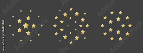 Gold star frame on dark background, gold star frame made of golden 3D stars arranged in a circle. Festive gold star frame for awards, ratings, reviews, holidays, badges and decorative design.