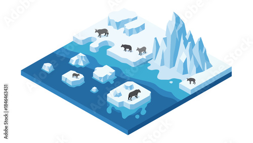Isometric vector 3D view of melting polar ice with shrinking icebergs and endangered wildlife, highlighting global warming impact in a fragile Arctic environment