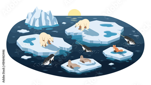 Isometric vector 3D view of melting polar ice with shrinking icebergs and endangered wildlife, highlighting global warming impact in a fragile Arctic environment
