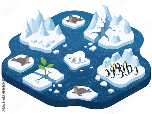 Isometric vector 3D view of melting polar ice with shrinking icebergs and endangered wildlife, highlighting global warming impact in a fragile Arctic environment