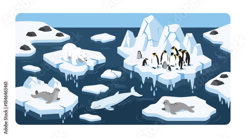 Isometric vector 3D view of melting polar ice with shrinking icebergs and endangered wildlife, highlighting global warming impact in a fragile Arctic environment