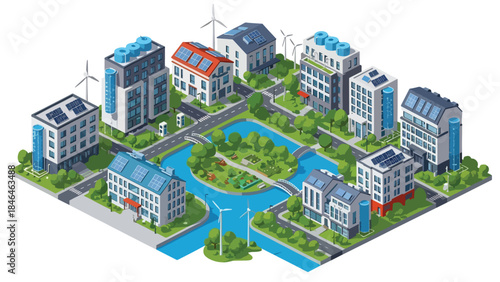 Isometric vector 3D view of a clean energy power plant using wind turbines and solar panels, representing modern renewable technology and sustainable energy production