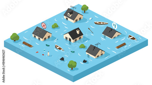 Isometric vector 3D view of flood disaster and submerged homes, illustrating climate emergency and humanitarian action