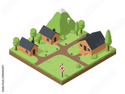 Isometric vector 3D view of an eco tourism destination with nature cabins and forest trails, promoting sustainable travel and minimal environmental impact