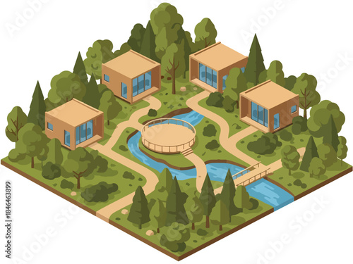 Isometric vector 3D view of an eco tourism destination with nature cabins and forest trails, promoting sustainable travel and minimal environmental impact