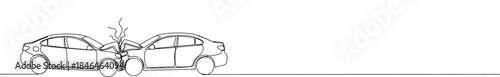 Continuous one line drawing of a car accident. Vector illustration of two cars colliding isolated on white background. Minimalist collision concept
