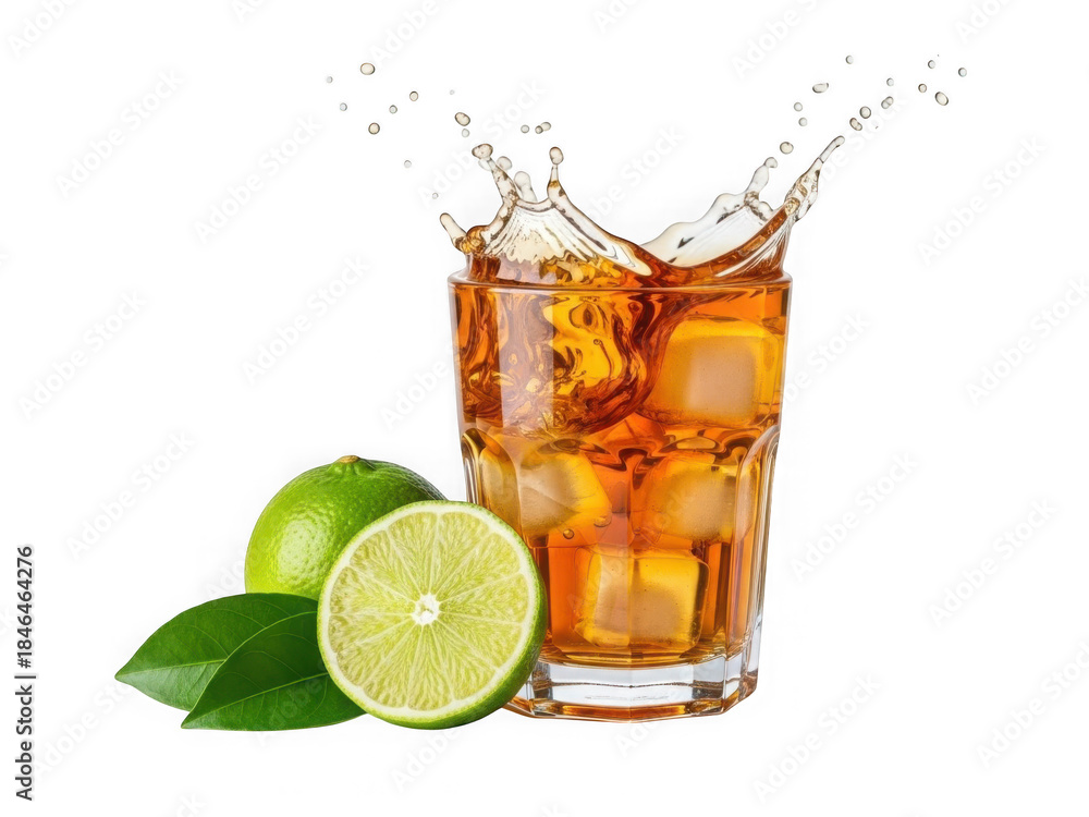 Fototapeta premium Refreshing iced tea splash with lime slices and ice cubes dynamic action shot crystal clear beverage