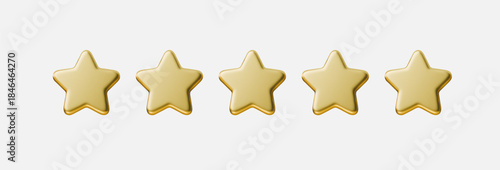 3D gold star rating icon set isolated on white background for review and feedback concepts. Gold star rating set shows five star review, rating, quality and feedback icons for UI, apps and marketing.