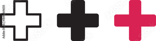 Plus sign icons outline solid pink isolated on white background set