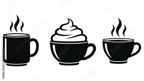 Three black coffee cups with steam rising