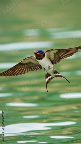 Swallow in Graceful Flight Over Blurred Water Background