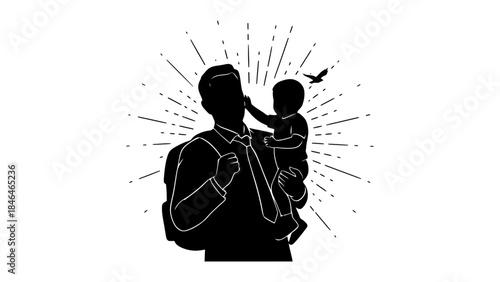 Silhouette of man carrying child with bird flying overhead