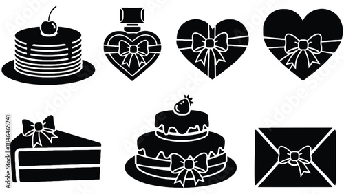 Black and white wedding icons with cakes and gifts