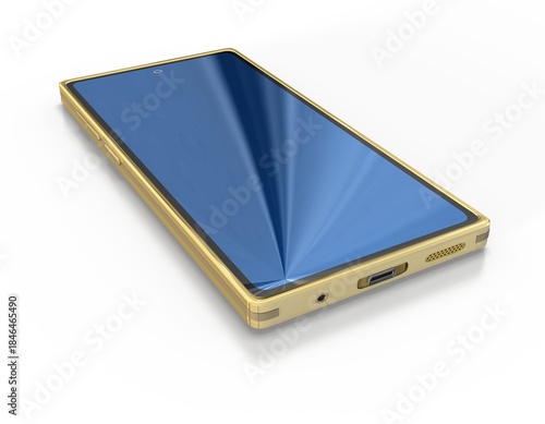 3d Smartphone, goldenes Handy mit blauen Bildschirm liegend freigestellt auf transparenten Hintergrund	
