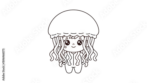 Cute cartoon child in jellyfish costume smiling sweetly