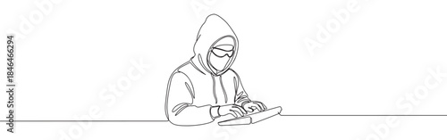 Continuous one line drawing of a hacker at a computer. Vector illustration of cyber security threat isolated on white background. Minimalist crime concept