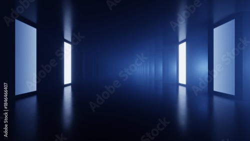 Fototapeta Naklejka Na Ścianę i Meble -  Abstract dark sci-fi geometric tunnel space with neon, modern architecture corridor with leading towards a data speed light, Tech or digital futuristic interior, 3d Illustration
