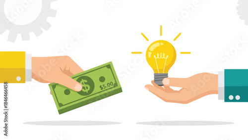 Hands exchanging money for a glowing light bulb representing business ideas and investment