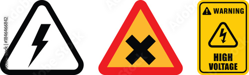 Warning signs vector set. Triangle hazard symbols collection. Danger alert icons for flammable, toxic, high voltage, explosion, corrosive, hot surface, and caution. Safety.