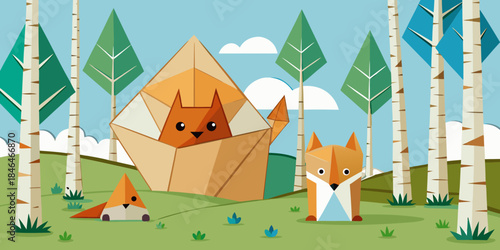 Imagine a whimsical forest where every element – trees, animals, mushrooms, and even the ground – is crafted from origami. A small, folded paper fox peeks out from behind a paper birch tree, while ori