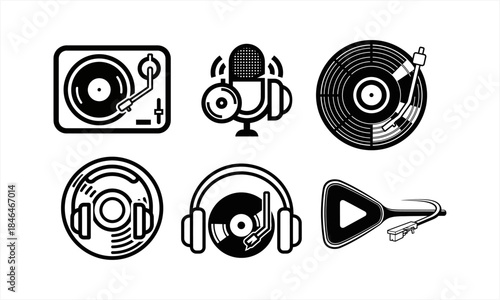 Set of music and audio related icons including turntable, microphone, vinyl records, headphones, and play button.