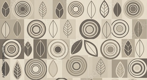 Mid-century modern geometric patterns with leaf motifs in a neutral color palette