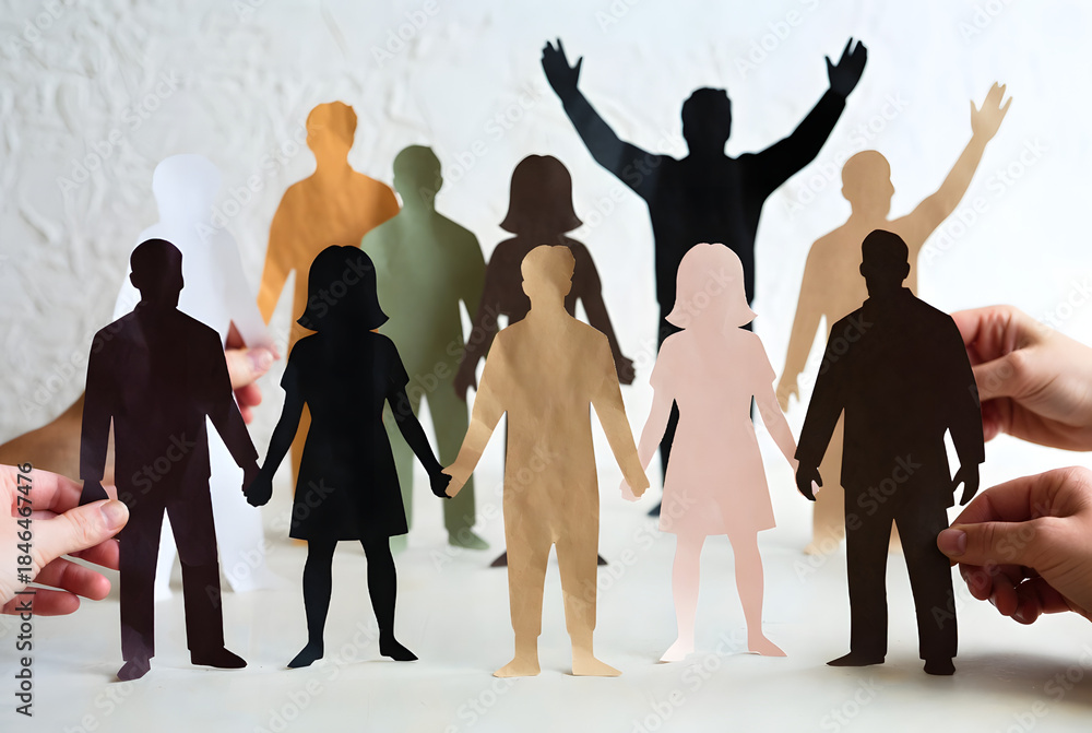 Obraz premium Diverse paper people silhouettes held by hands, symbolizing unity and equality on a textured surface.