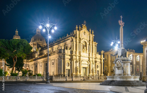 Piazza Duomo in Catania, Sicily, Italy with the Cathedral of Santa Agatha and Liotru at night