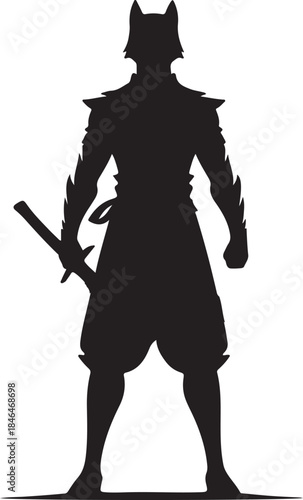 A striking black silhouette of an anthropomorphic warrior, possibly a cat-man or fox-man, with distinctive ears, holding a katana sword and standing in a powerful pose.