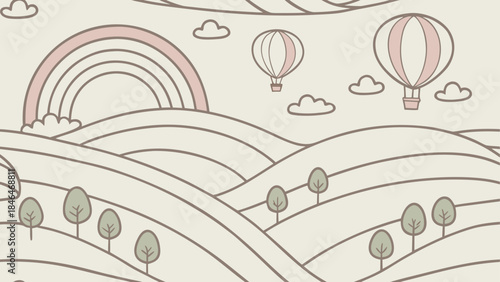 Landscape with hot air balloons and rainbow, isolated on transparent background