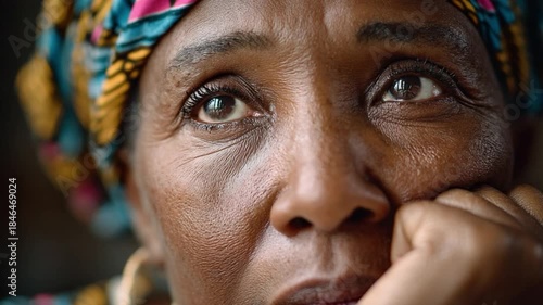 Serene Reflection of African Woman: Capturing the depth of emotion, a close-up portrait unveils the contemplative gaze of an African woman.
